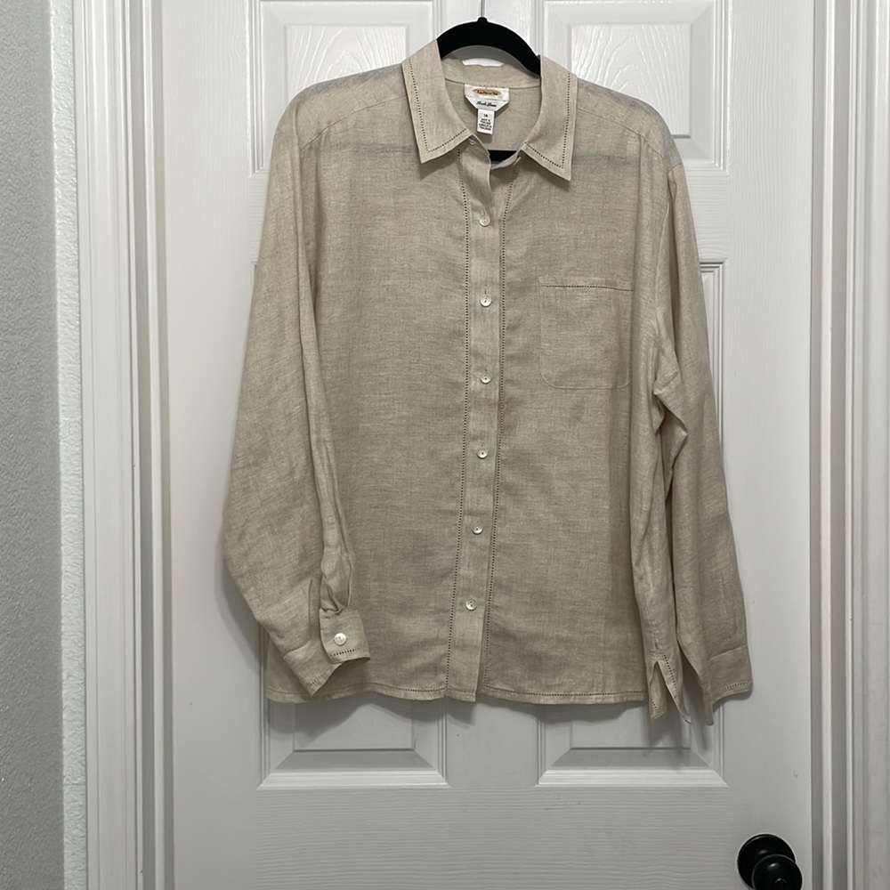 Talbots, 100%‎ linen, long sleeve top, khaki/tan, size 14